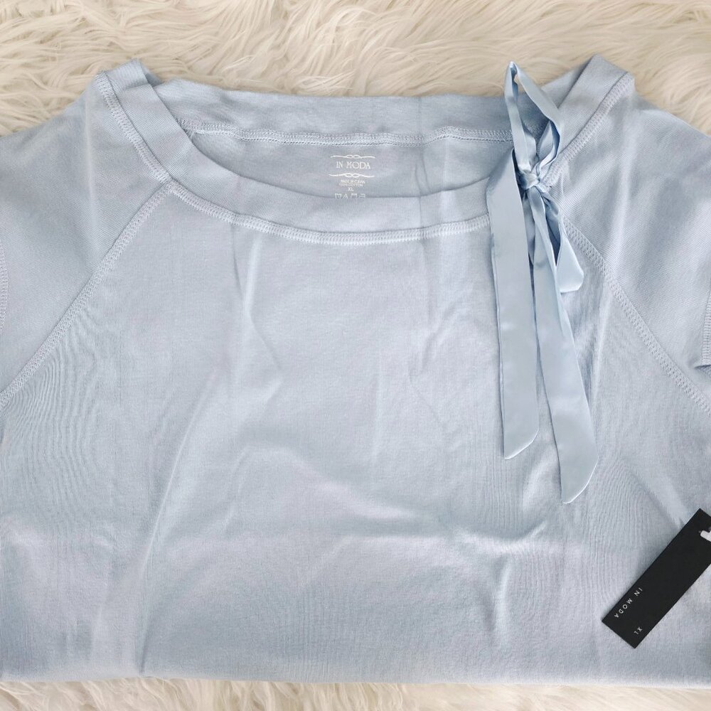 NWT Women's In Moda Blouse with Silk Bow, XL, Light Blue, Scoop Neck